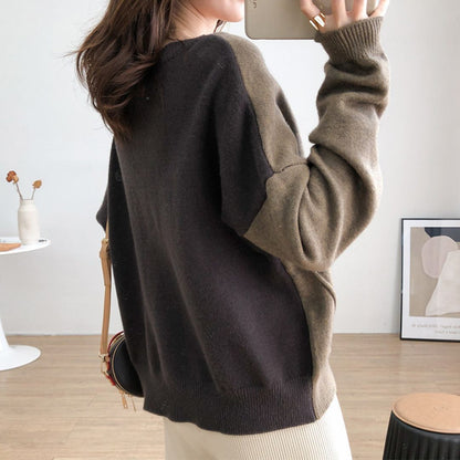 Japanese-style Asymmetrical Color-Block Knit Sweater