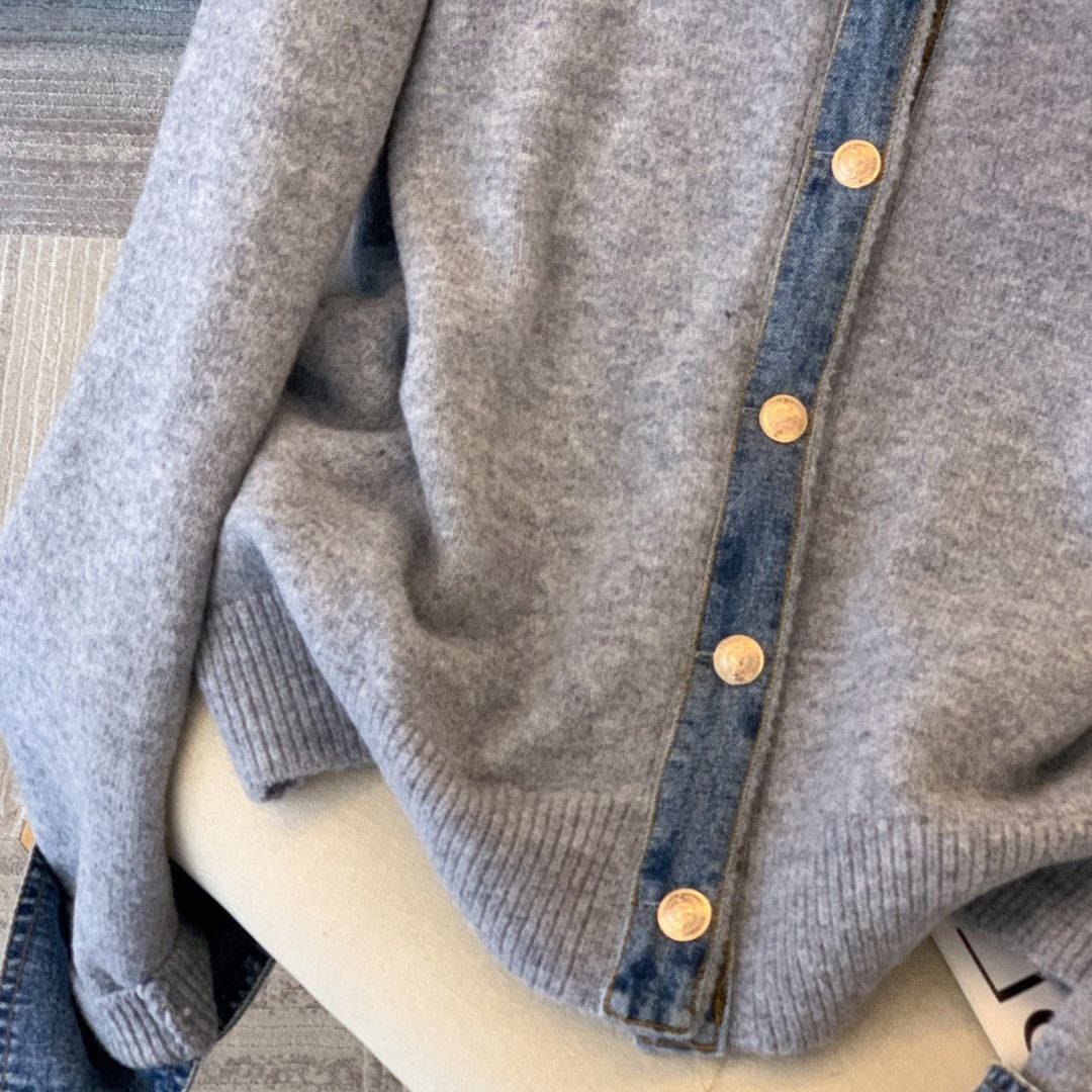 Denim Collar Patch Knit Sweater