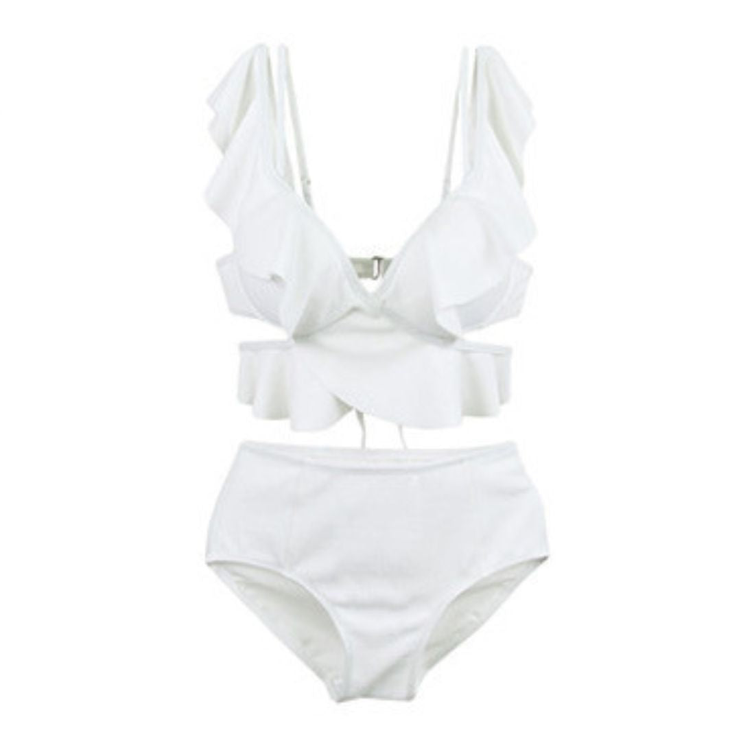 Ruffled High Waist Tummy Covering Two Piece Swimsuit