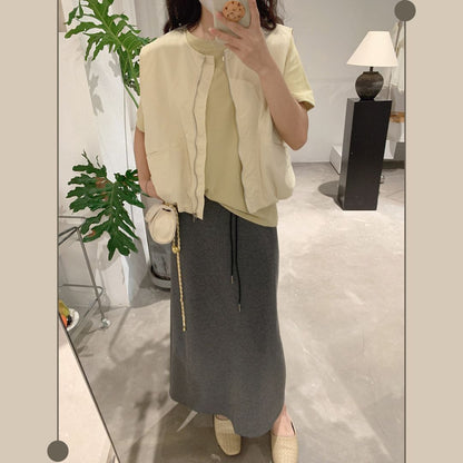 女士簡約斜口袋拉鍊背心