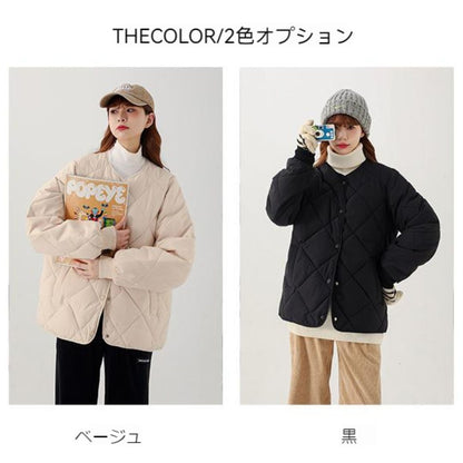 日系菱格紋圓領夾面外套