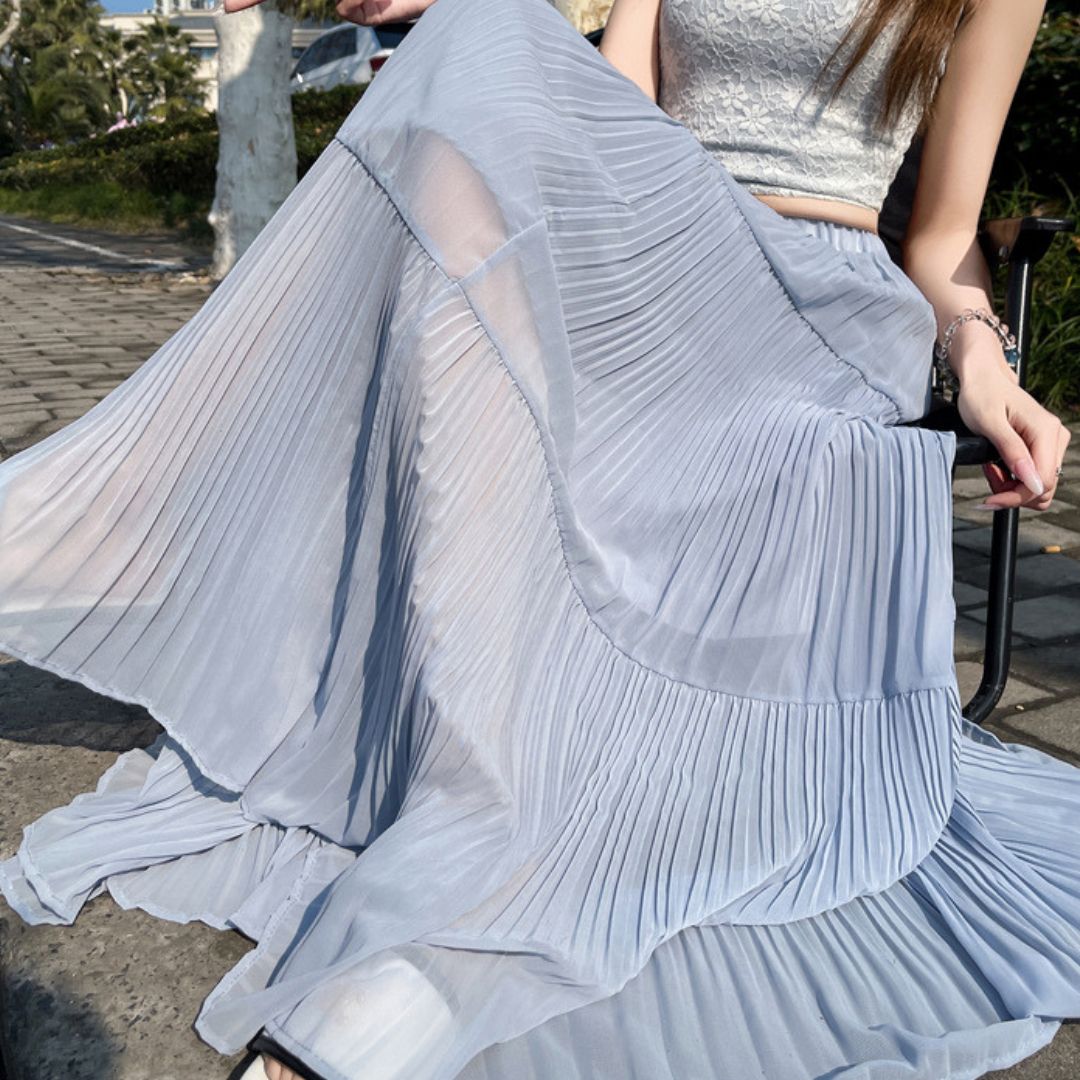 Spring-Summer High-Waist Flowy Pleated Maxi Skirt