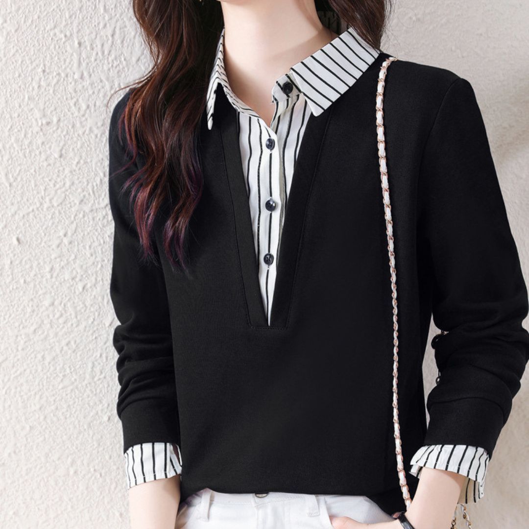 Striped Lapels Fake Two Long-sleeved Tops