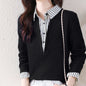 Striped Lapels Fake Two Long-sleeved Tops