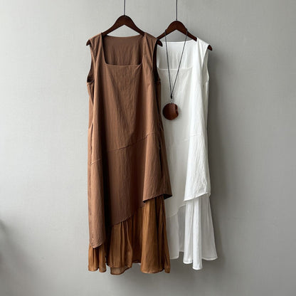 Sleeveless Long Dress with Asymmetrical Hem and Panelled Design