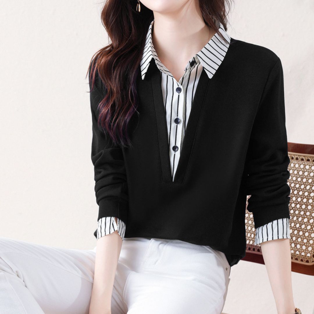 Striped Lapels Fake Two Long-sleeved Tops