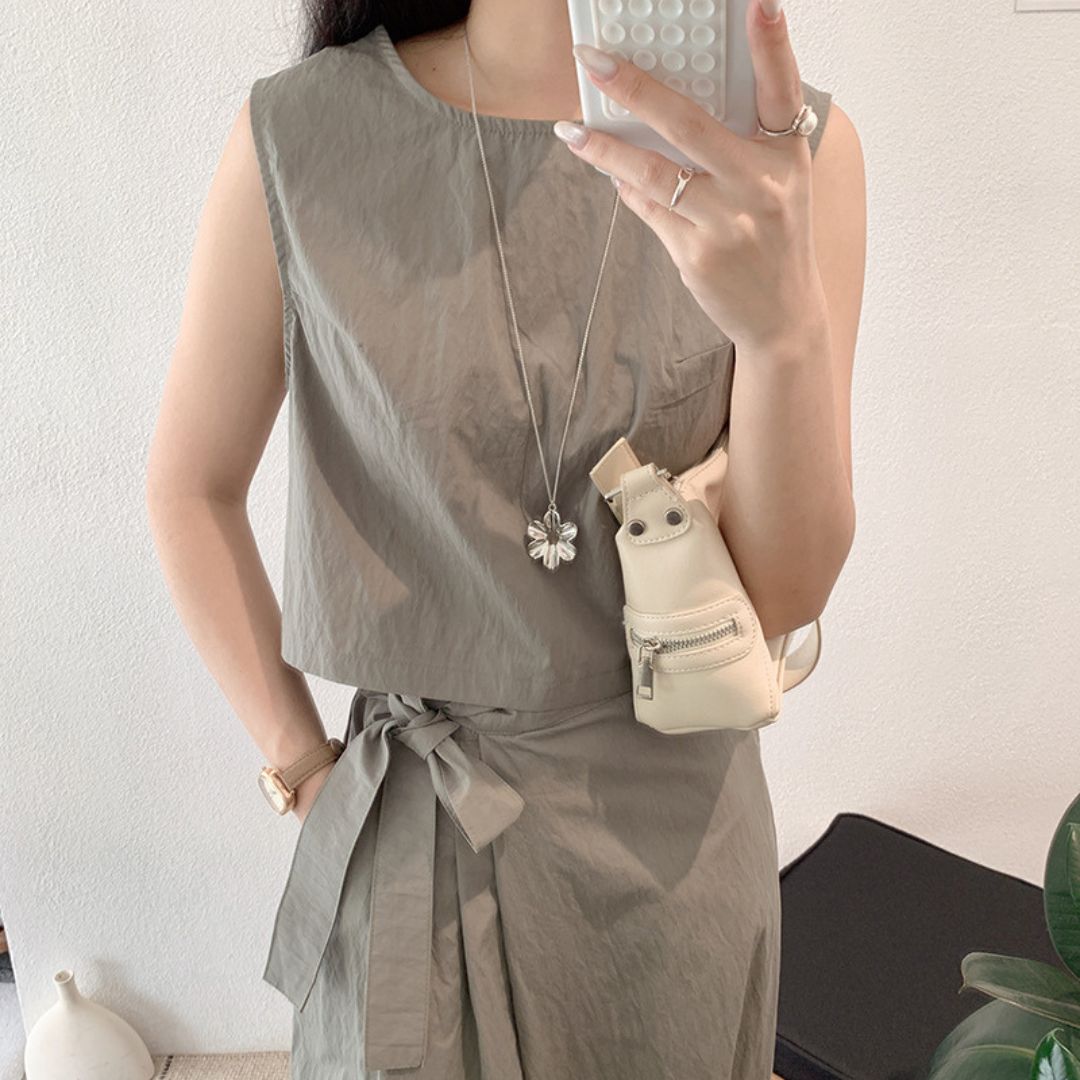 ノースリーブベスト＋サイドボタンタイウエストワイドレッグパンツツーピースセット