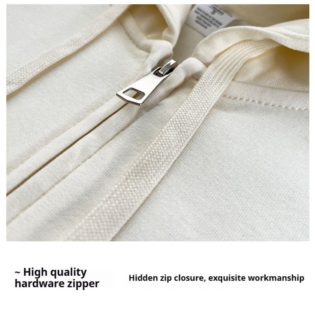 Solid Color Cotton Hooded Zip-Up Jacket