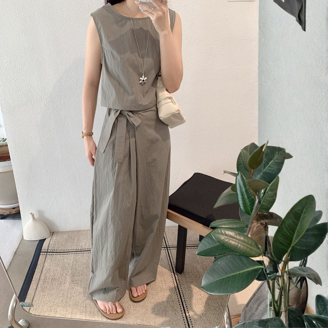 ノースリーブベスト＋サイドボタンタイウエストワイドレッグパンツツーピースセット