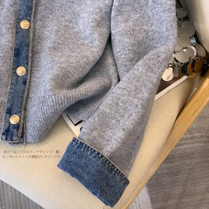 Denim Collar Patch Knit Sweater