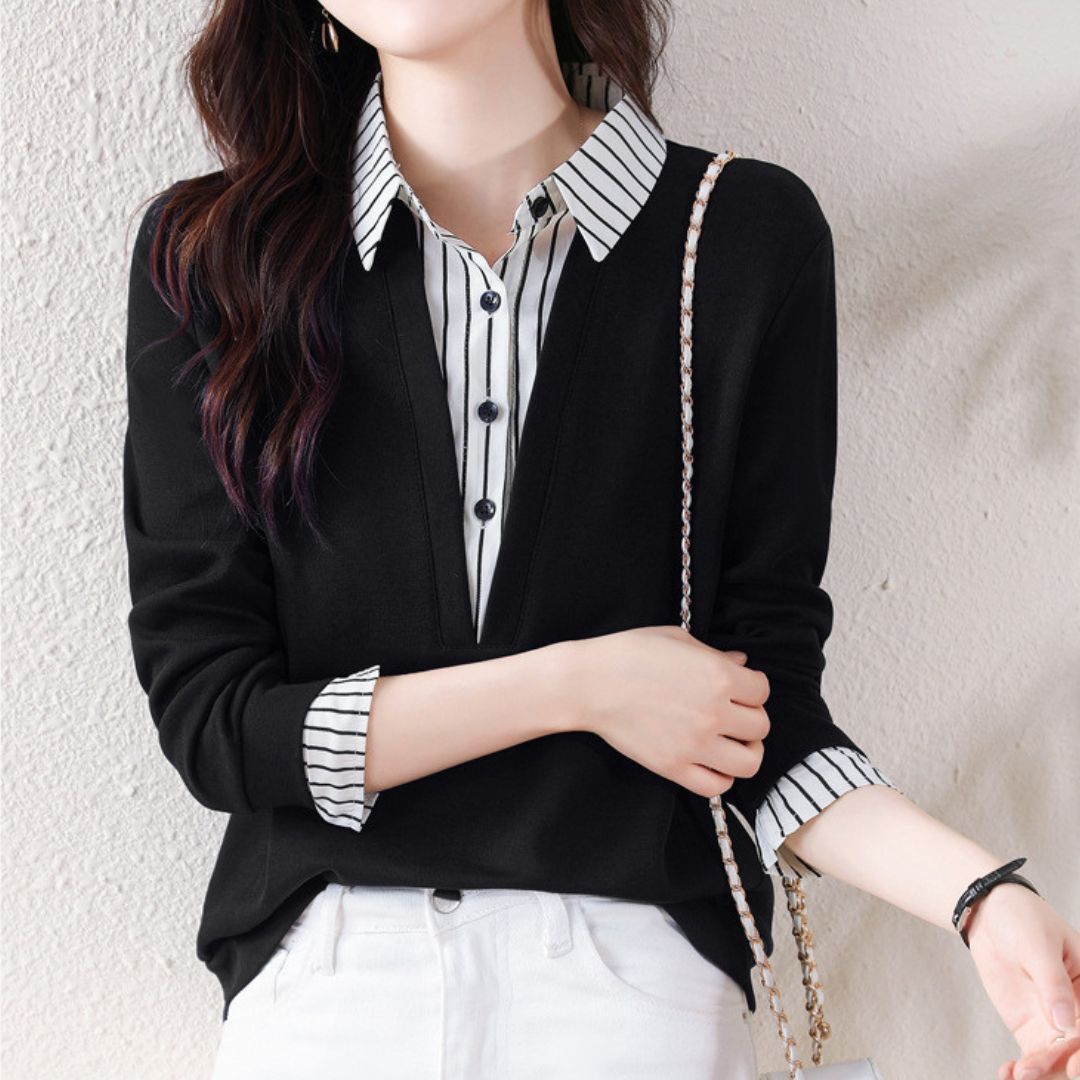 Striped Lapels Fake Two Long-sleeved Tops