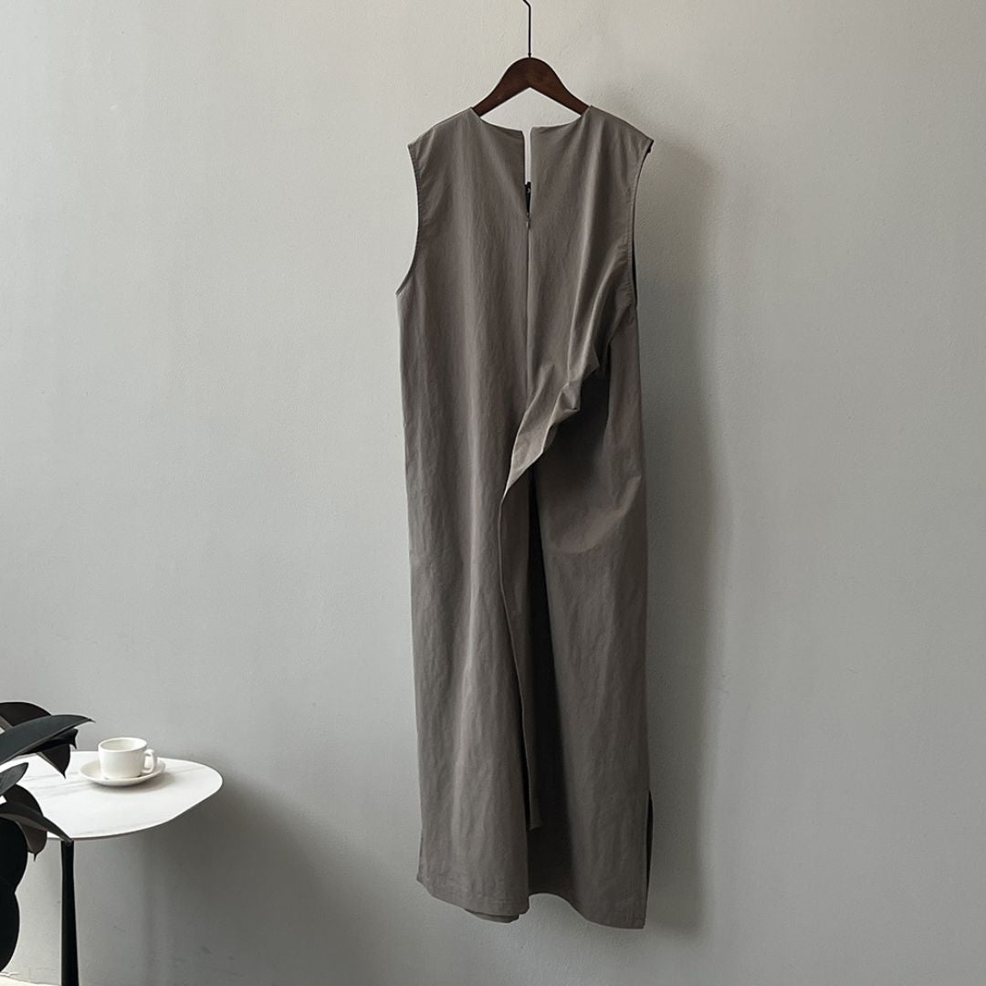 Sleeveless Long Dress with Cinched Tie-Waist Design