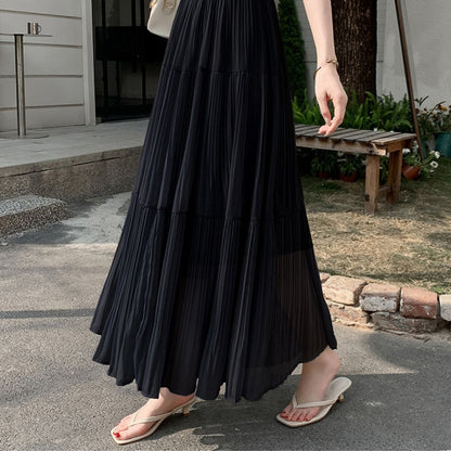 Spring-Summer High-Waist Flowy Pleated Maxi Skirt