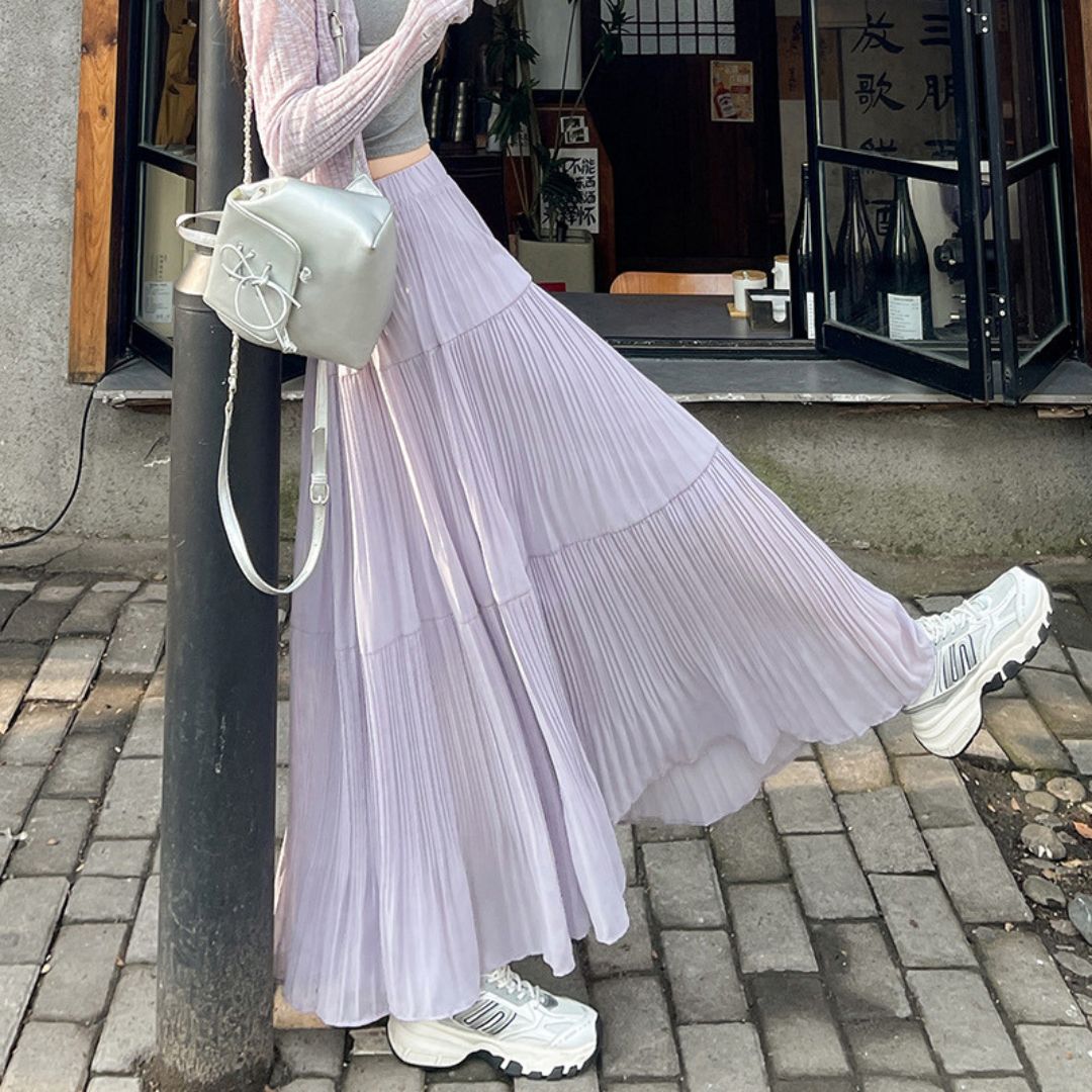 Spring-Summer High-Waist Flowy Pleated Maxi Skirt
