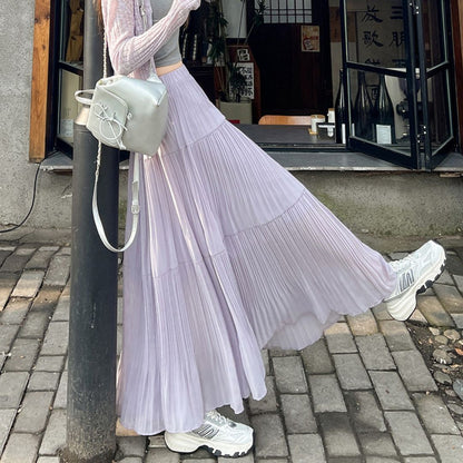 Spring-Summer High-Waist Flowy Pleated Maxi Skirt