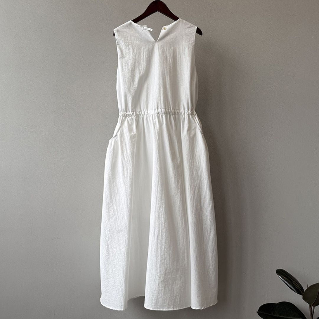 Summer Round-Neck Sleeveless Long Dress with Drawstring Waist