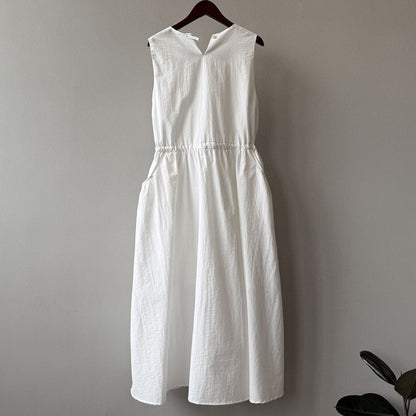 Summer Round-Neck Sleeveless Long Dress with Drawstring Waist