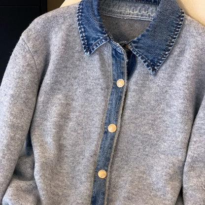 Denim Collar Patch Knit Sweater
