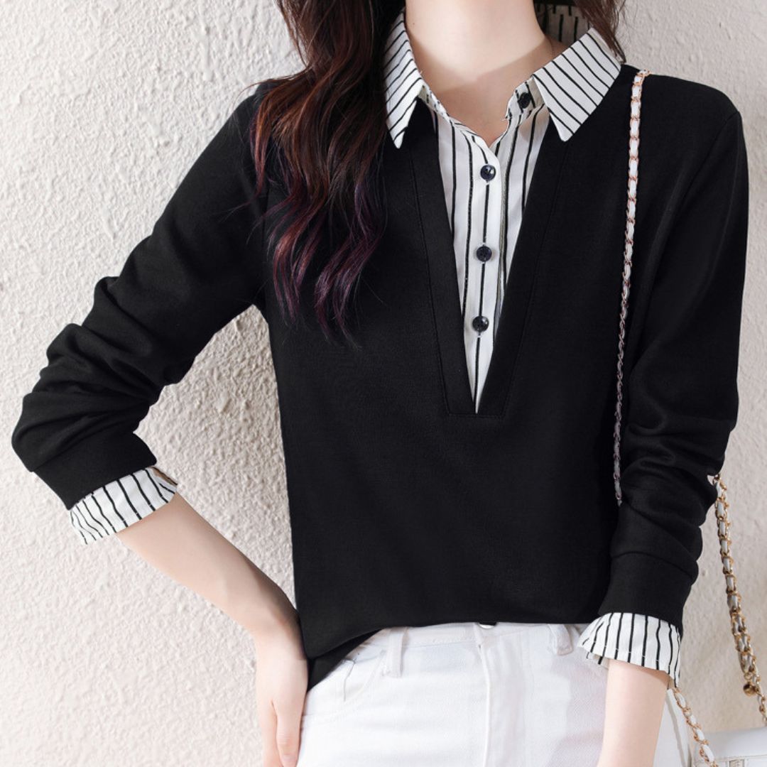 Striped Lapels Fake Two Long-sleeved Tops