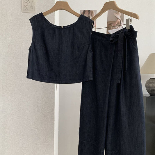Sleeveless Vest + Side Button Tie Waist Wide Leg Pants Two Piece Set