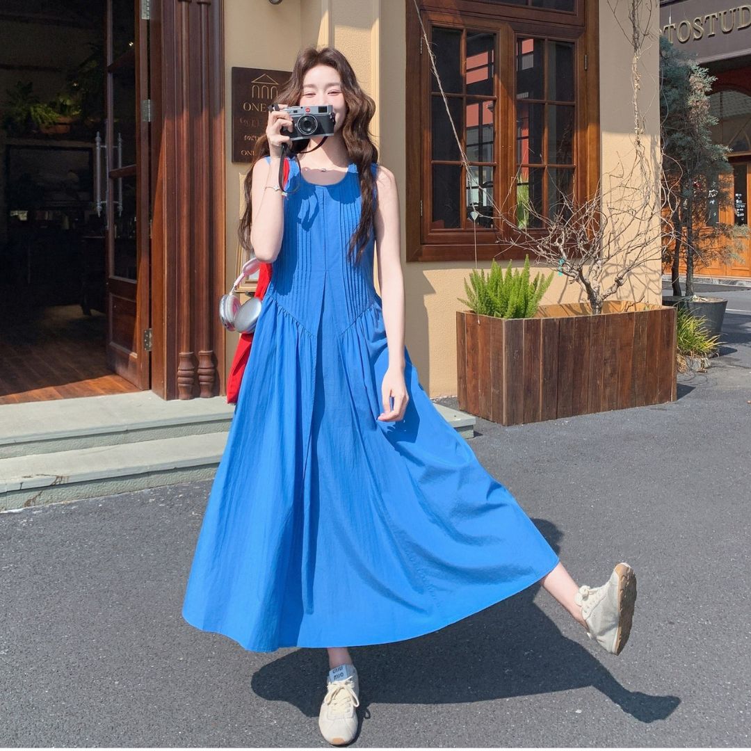 Ruched Vintage Sleeveless Midi Tank Dress