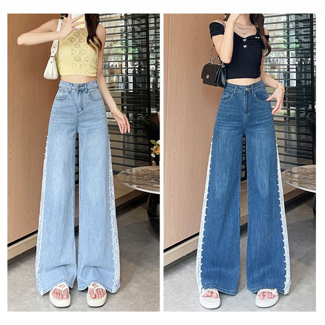 Tencel Beaded Lace Wide Leg Denim Pants