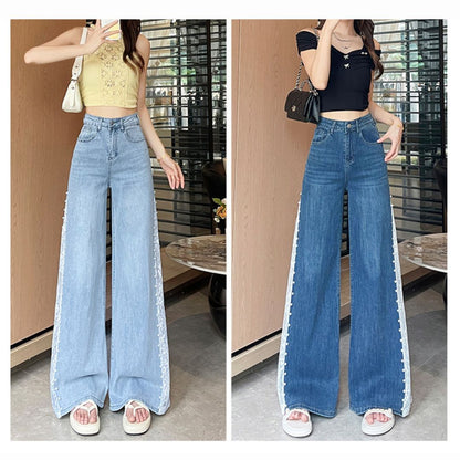 Tencel Beaded Lace Wide Leg Denim Pants