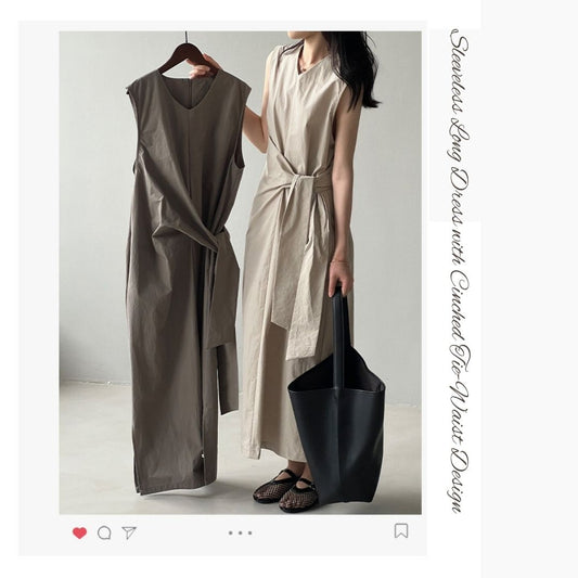 Sleeveless Long Dress with Cinched Tie-Waist Design