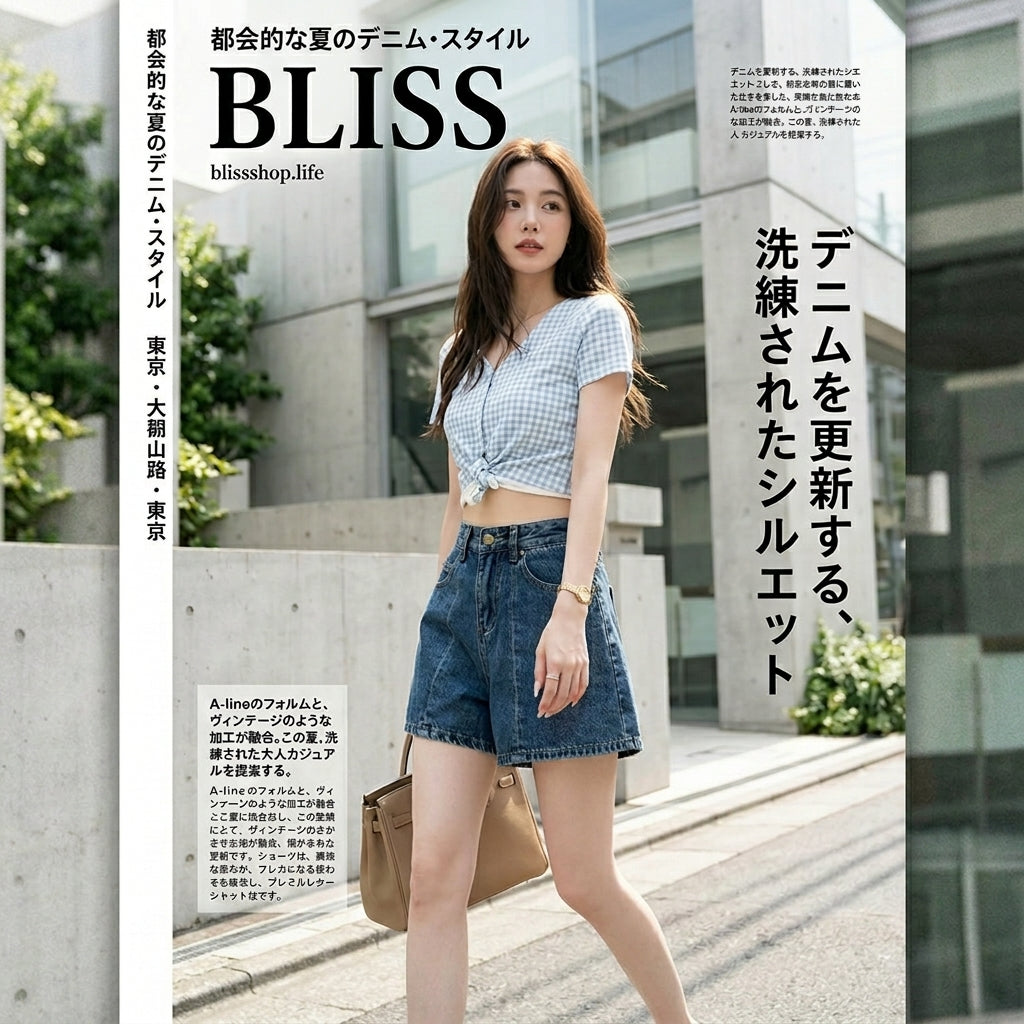 ハイウエスト切り替えデニムショートパンツ