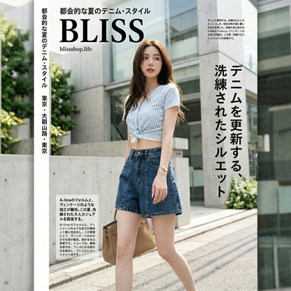 ハイウエスト切り替えデニムショートパンツ