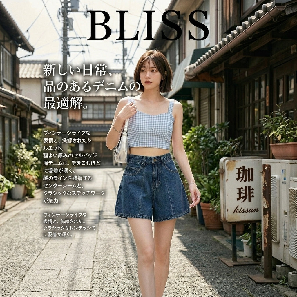 ハイウエスト切り替えデニムショートパンツ