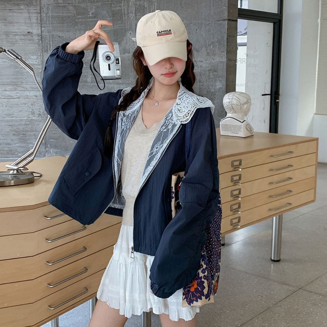 Blue Patchwork Lace Casual Fashion Jacket