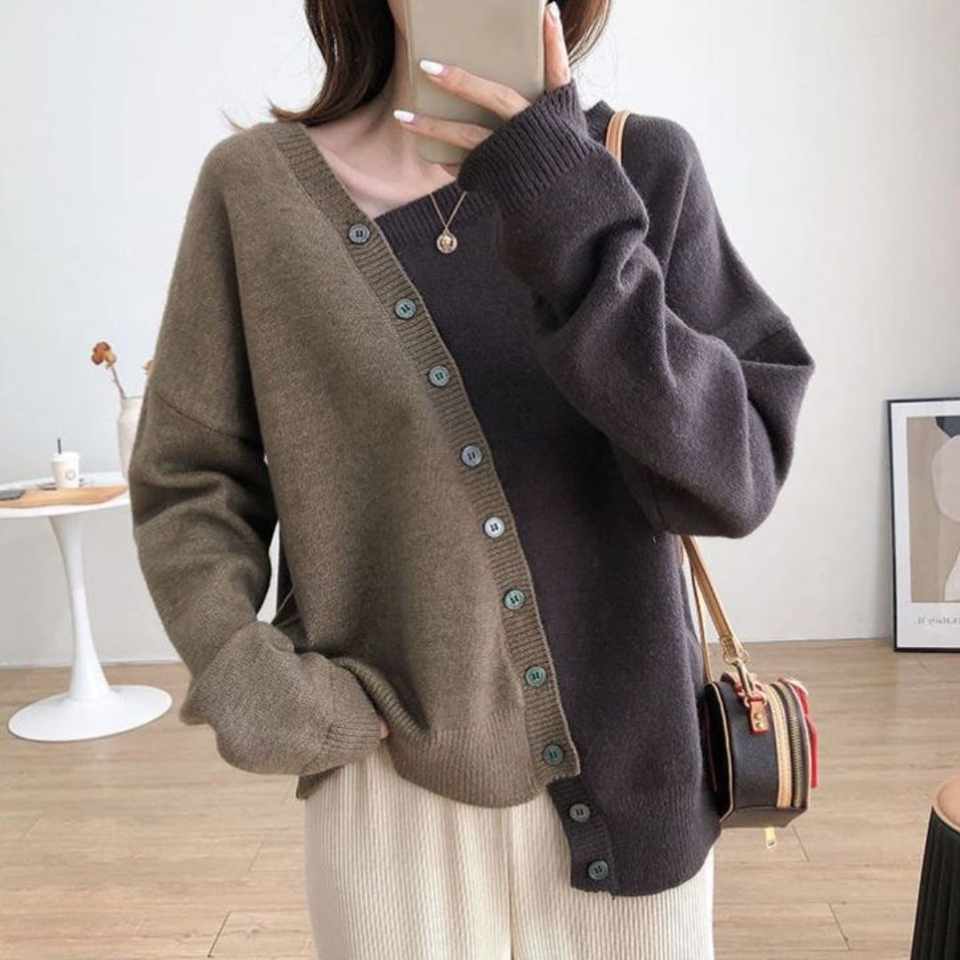 Japanese-style Asymmetrical Color-Block Knit Sweater