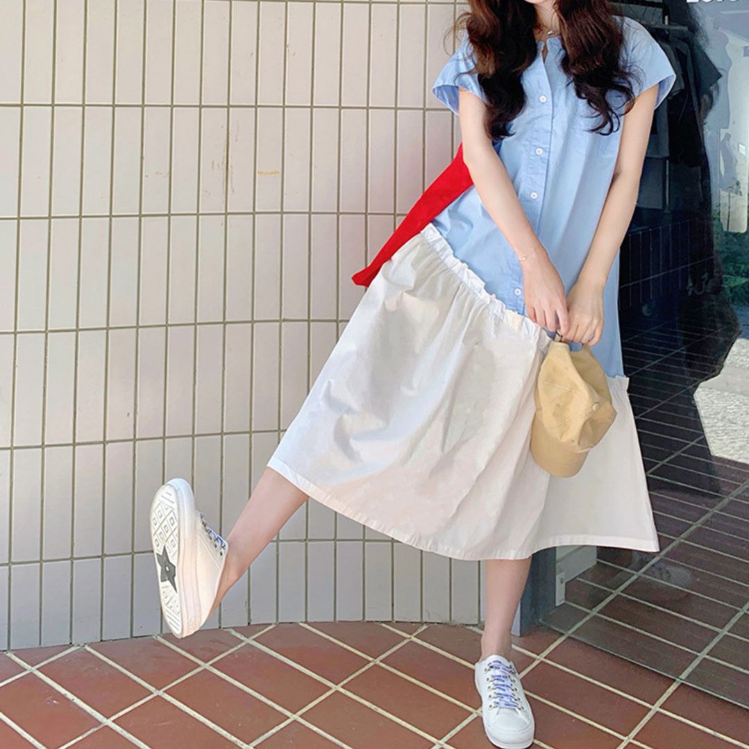 フレッシュブルー シャツ テールカット マキシドレス
