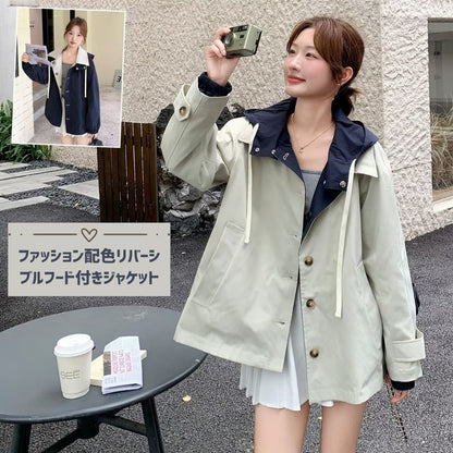 スタイリッシュなカラーブロックリバーシブルフードジャケット