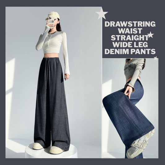 Drawstring Waist Straight Wide Leg Denim Pants