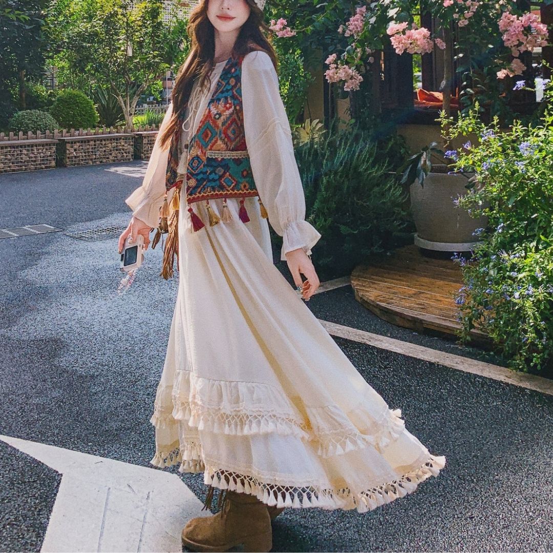Ethnic Style Tassel Vest & Dress Two Piece Set