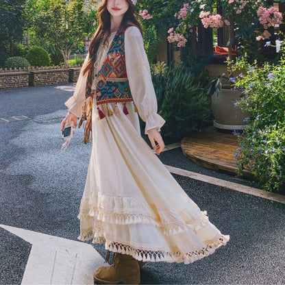 Ethnic Style Tassel Vest & Dress Two Piece Set