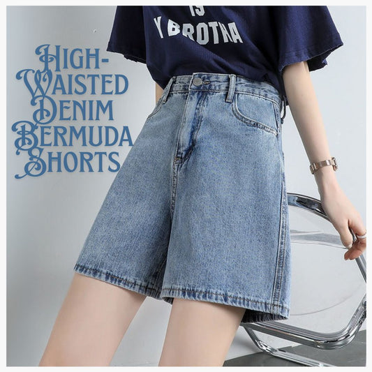 High-Waisted Denim Bermuda Shorts