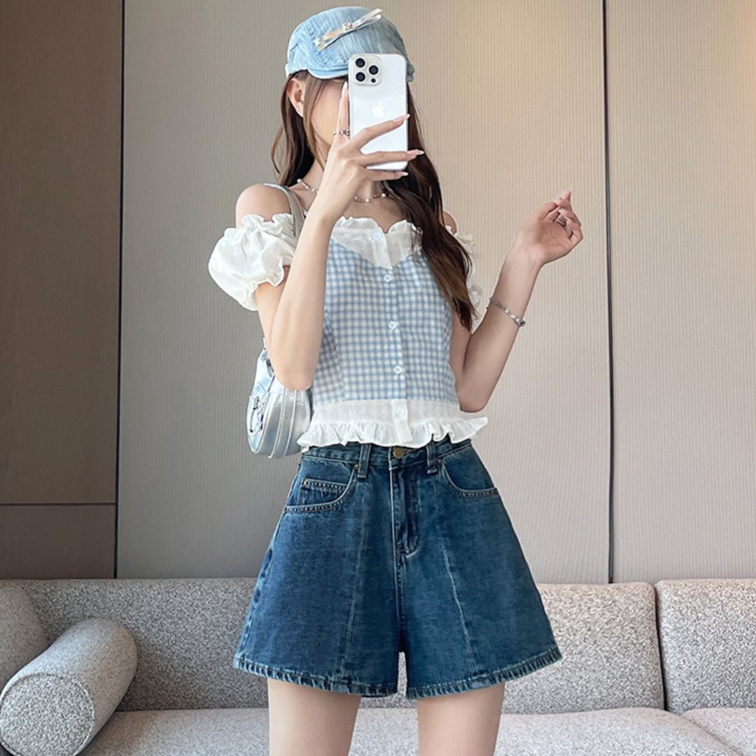 High Waist Structured Patchwork Denim Shorts