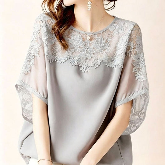 Lace Cutout Elbow Length Top with Pearl Buttons