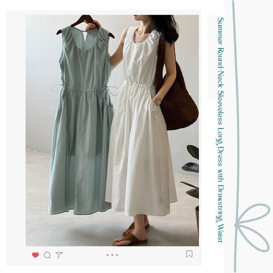 Summer Round-Neck Sleeveless Long Dress with Drawstring Waist