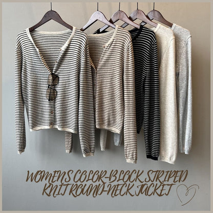 Women's Color-Block Striped Knit Round-Neck Jacket
