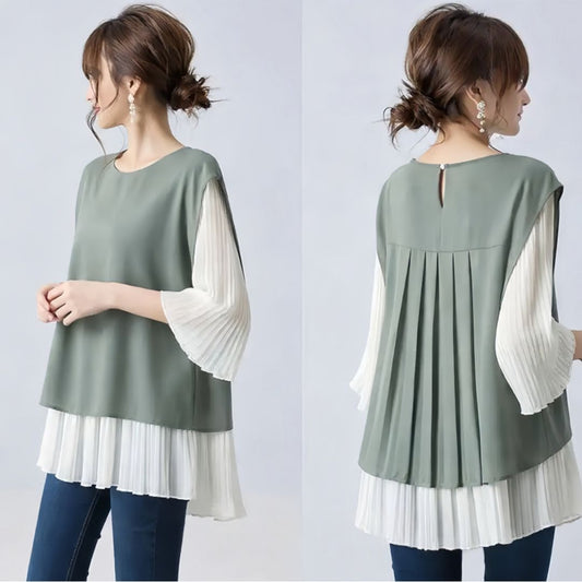 Japanese Style Layered Panel Pleated Blouse