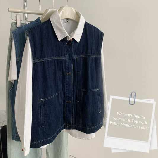Women's Denim Sleeveless Top with Petite Mandarin Collar