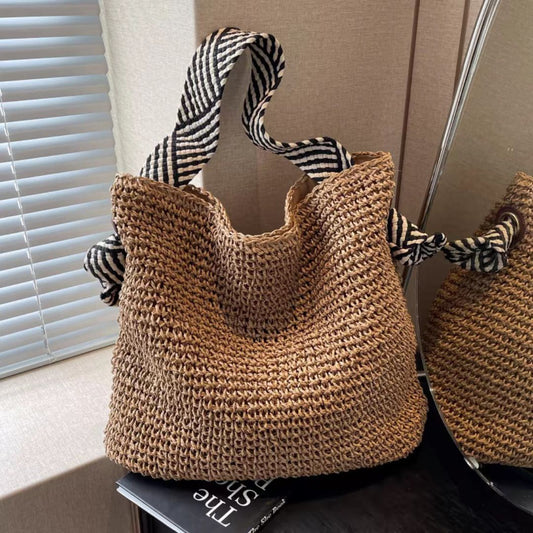Navy Style Straw Shoulder Bag