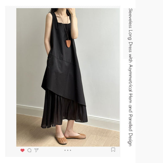 Sleeveless Long Dress with Asymmetrical Hem and Panelled Design