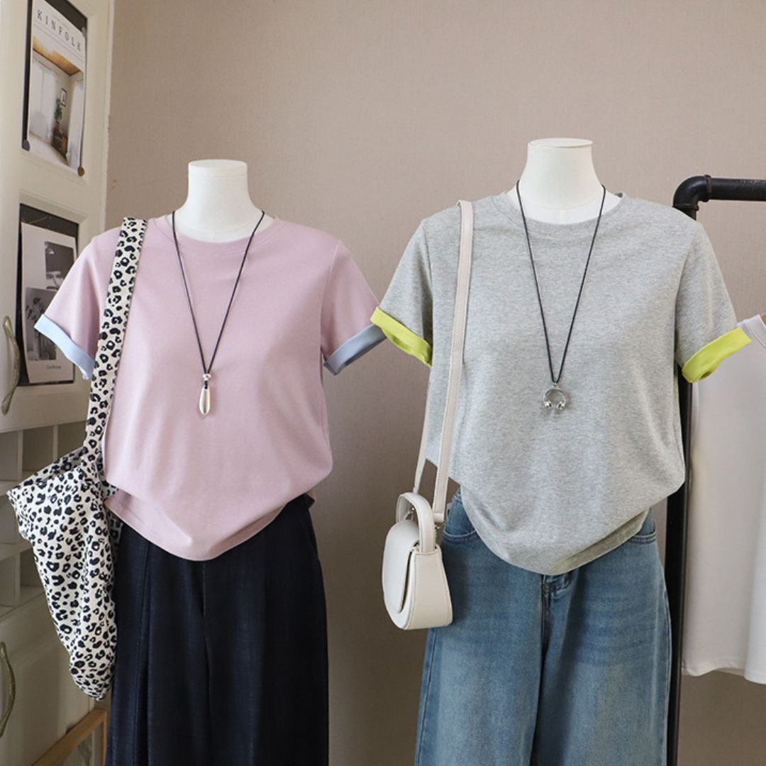 Color Block Crew Neck Versatile Short Sleeve T Shirt