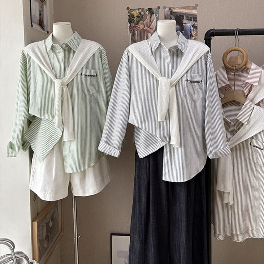 Striped Embroidered Shirt + Knitted Shawl