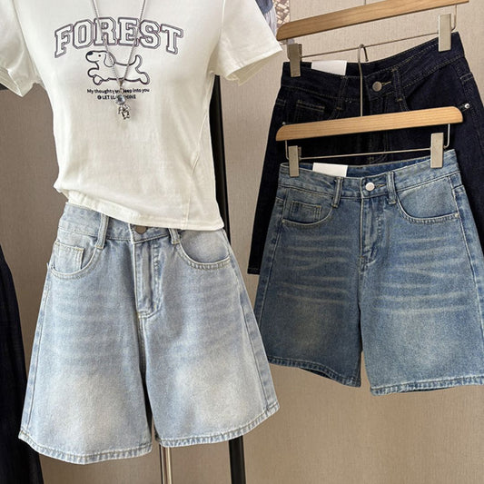 High Waist Straight Leg Casual Denim Shorts